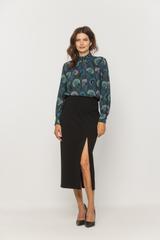 Stylowa ciemnozielona bluzka ze stójką i bufiastymi rękawami