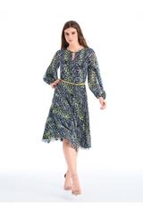 Pleated dress with yellow belt