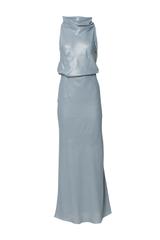 Wieczorowa błękitna sukienka maxi z odkrytymi plecami