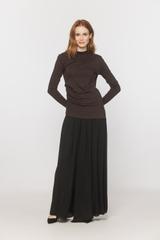 A brown jumper-style top with an asymmetrical cut