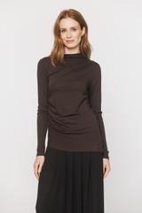 A brown jumper-style top with an asymmetrical cut