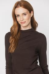 A brown jumper-style top with an asymmetrical cut