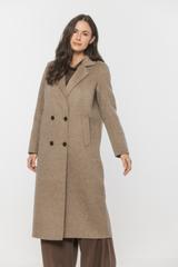 Wełniany beżowy płaszcz zapinany dwurzędowo