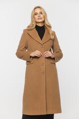 Wełniany ciemnobeżowy płaszcz z patkami i zapięciem na guziki