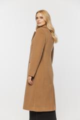 Wełniany ciemnobeżowy płaszcz z patkami i zapięciem na guziki