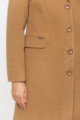 Wełniany ciemnobeżowy płaszcz z patkami i zapięciem na guziki