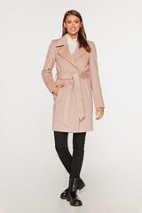 Wełniany krótki płaszcz beżowy z paskiem w talii