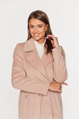 Wełniany krótki płaszcz beżowy z paskiem w talii