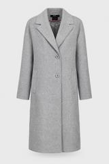 A simple woollen coat made from ash-grey textured fabric