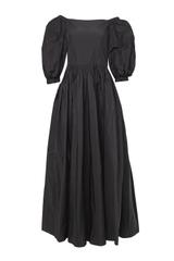 Wieczorowa czarna sukienka z tafty z marszczeniem i bufkami