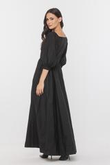 Wieczorowa czarna sukienka z tafty z marszczeniem i bufkami