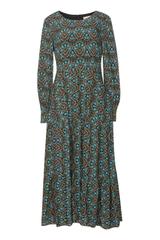 Wiskozowa falbaniasta sukienka midi z odcięciem w talii