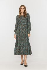 Wiskozowa falbaniasta sukienka midi z odcięciem w talii