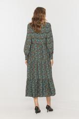 Wiskozowa falbaniasta sukienka midi z odcięciem w talii