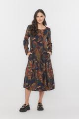 Wiskozowa trapezowa sukienka z falbanami i długim rękawem