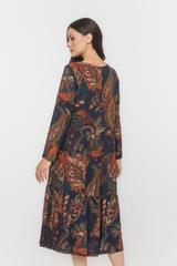 Wiskozowa trapezowa sukienka z falbanami i długim rękawem