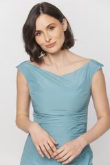 Wizytowa turkusowa sukienka z lekkiej posykującej tafty