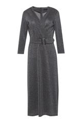 Wyjściowa srebrzystoszara sukienka z kopertowym dekoltem