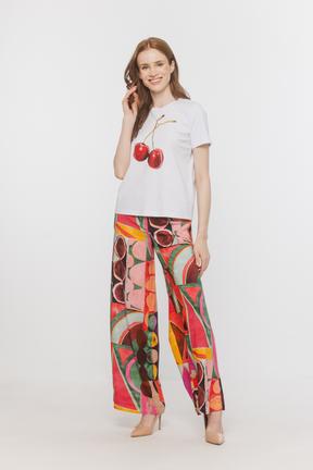 Bawełniany jasny t-shirt z nadrukiem wiśni