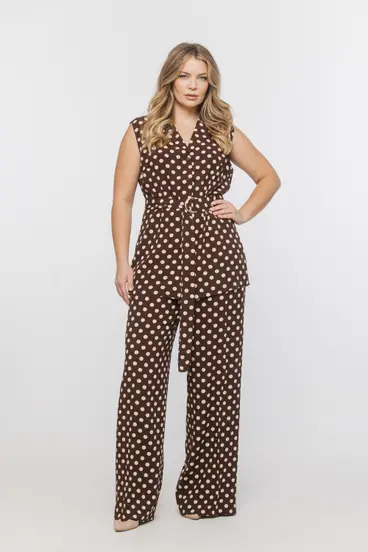 Brązowe letnie spodnie w beżowe groszki