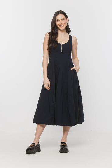 Sukienka z granatowej tkaniny wiskozowej z ozdobnym suwakiem