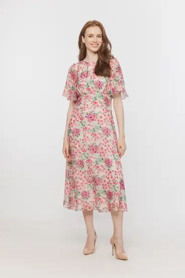 Wizytowa kwiecista sukienka ze zwiewnym rękawkiem