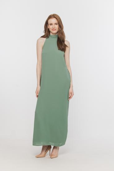 Zwiewna szałwiowa dwuwarstwowa sukienka ze stójką