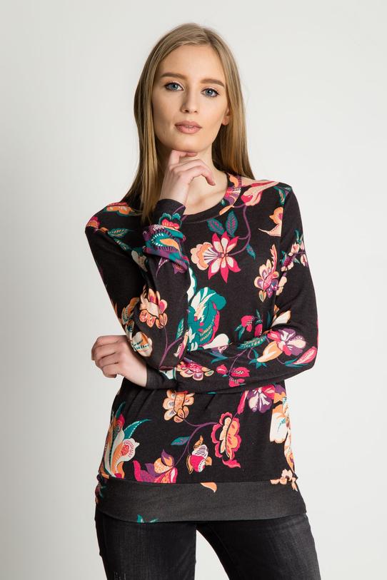 Czarna sweterkowa bluzka ze ściągaczem w kwiatowy wzór - 1