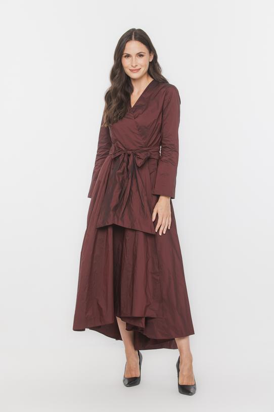 Wizualizacja Asymetryczna wizytowa sukienka z opalizującej bordowej tafty