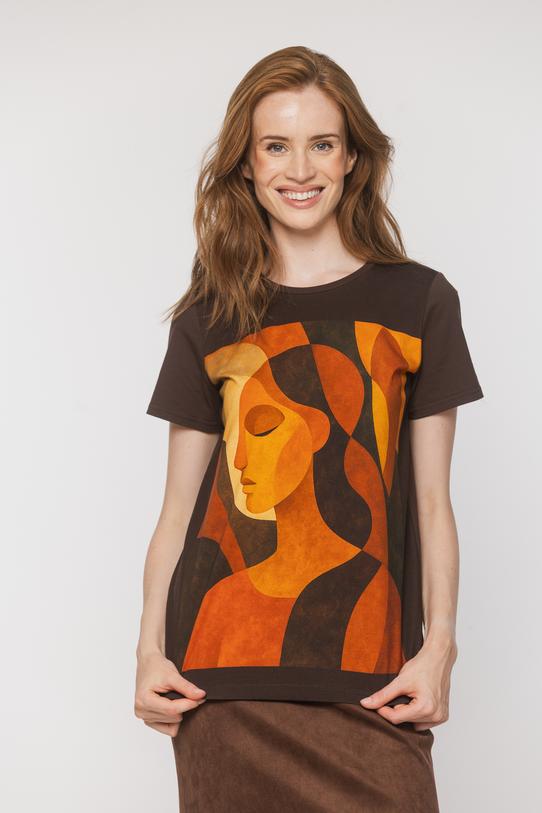 Bawełniany brązowy t-shirt z pomarańczową aplikacją - 2
