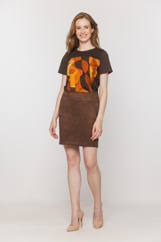 Bawełniany brązowy t-shirt z pomarańczową aplikacją - 1