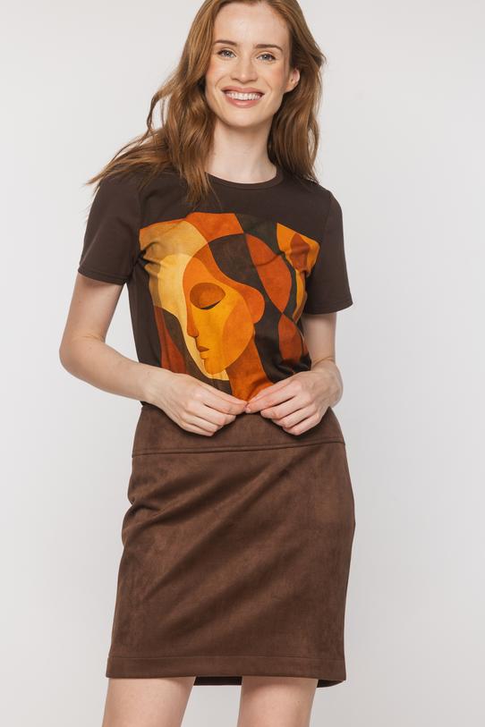 Bawełniany brązowy t-shirt z pomarańczową aplikacją - 3
