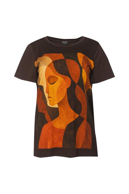 Bawełniany brązowy t-shirt z pomarańczową aplikacją - 1