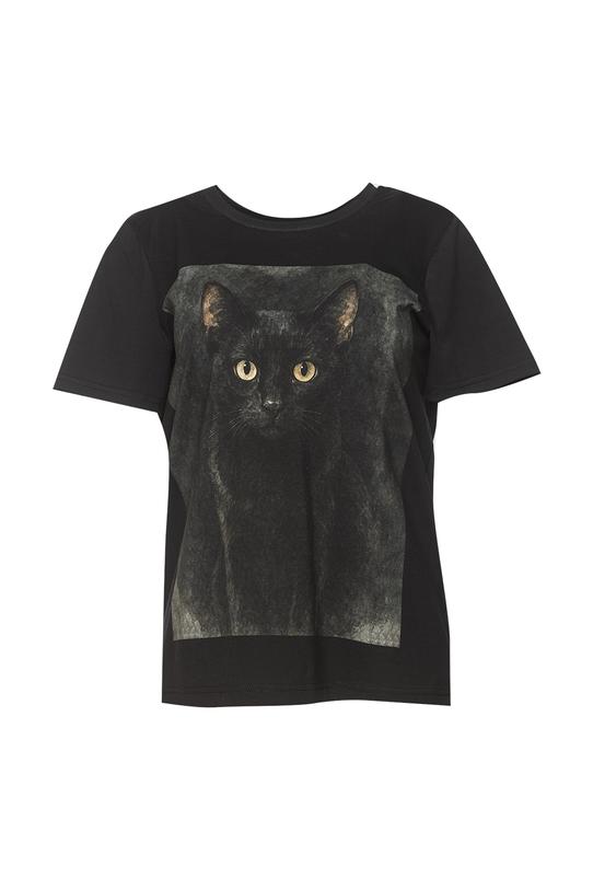 Bawełniany czarny t-shirt z nadrukiem kota - 1