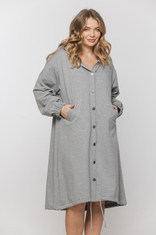 Bawełniany szary płaszcz kapturem i kieszeniami - 2