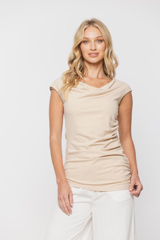 Beżowa bluzka z asymetrycznym drapowaniem - 2