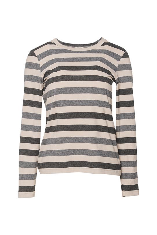 Beżowa dzianinowa bluzka w szare paski z długim rękawem - 1