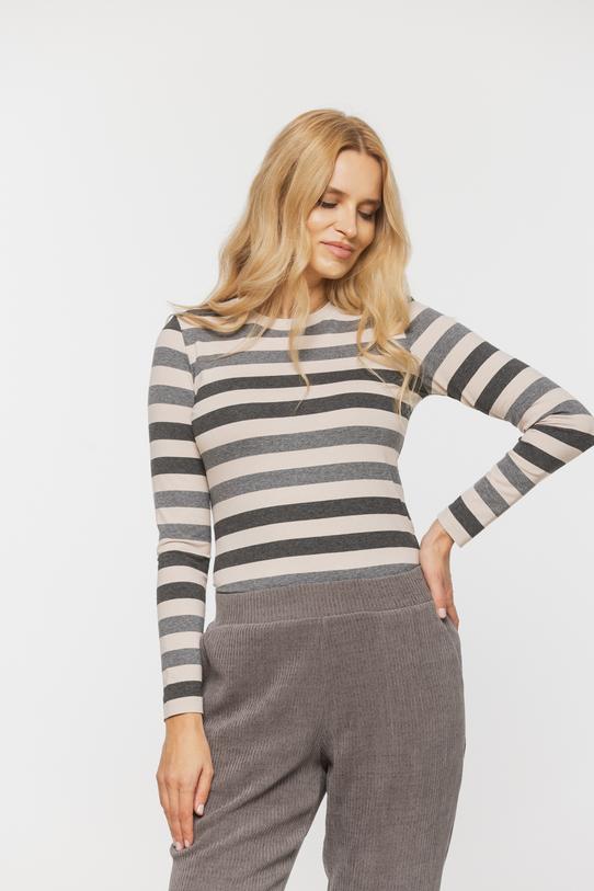 Beżowa dzianinowa bluzka w szare paski z długim rękawem - 6