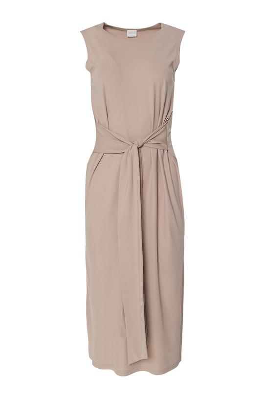 Beżowa dzianinowa sukienka z wiązaniem i rozporkami - 1