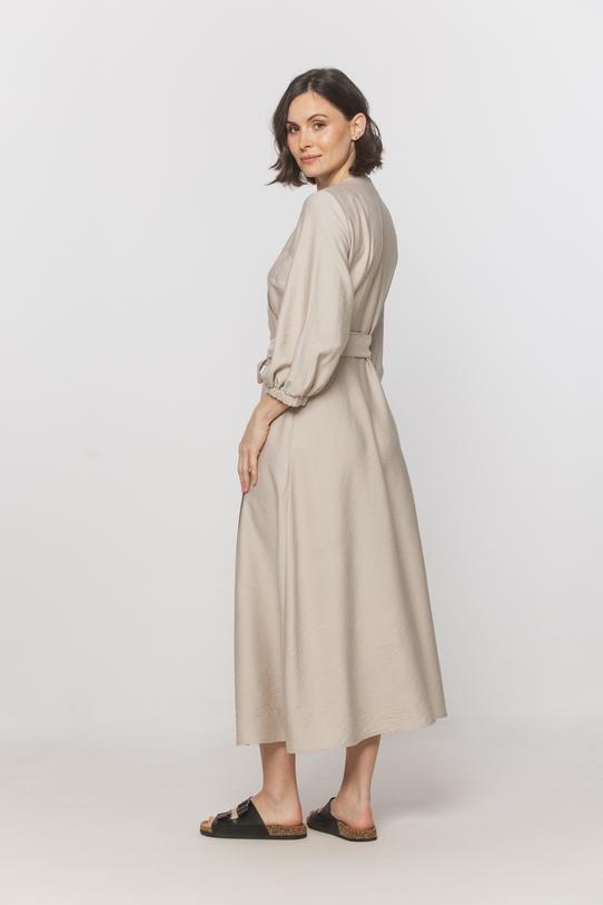 Beżowa portfelowa sukienka midi z bocznym wiązaniem - 3