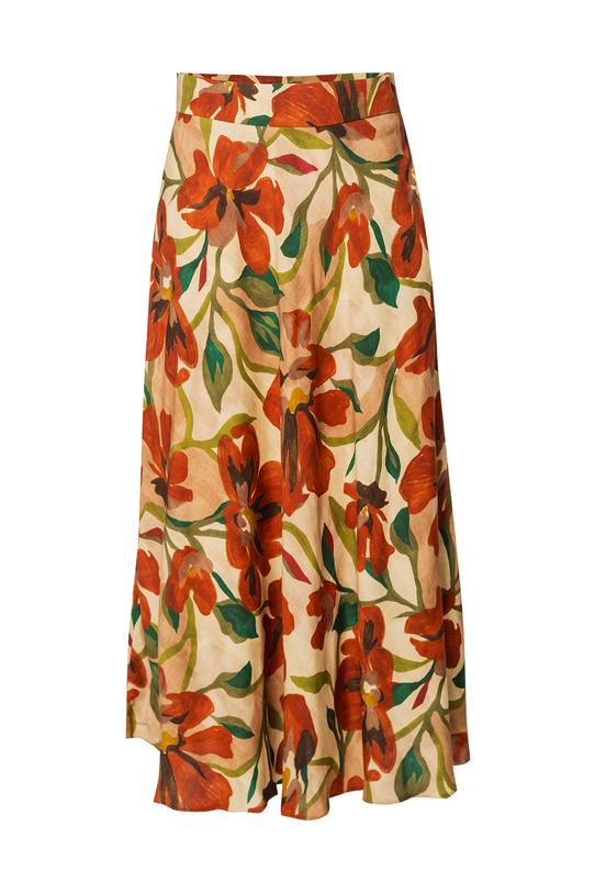 Beżowa spódnica z podszewką i rudym printem kwiatowym - 1