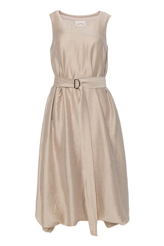 Beżowa sukienka midi z lnem o fasonie bombki - 1