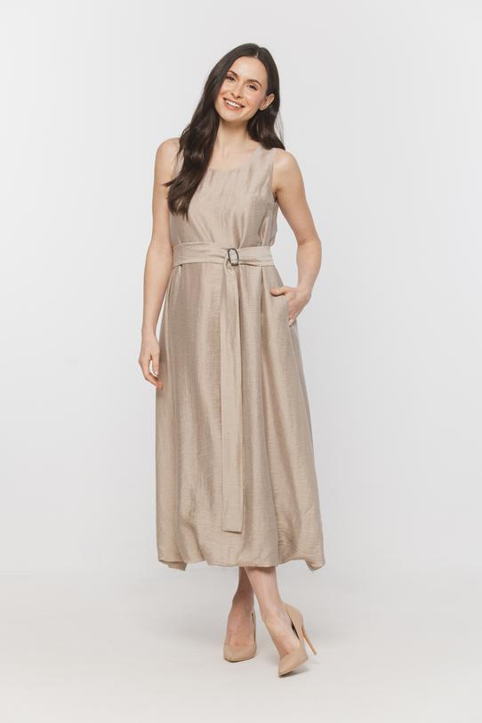 Wizualizacja Beżowa sukienka midi z lnem o fasonie bombki