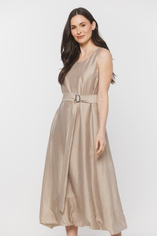 Beżowa sukienka midi z lnem o fasonie bombki - 2