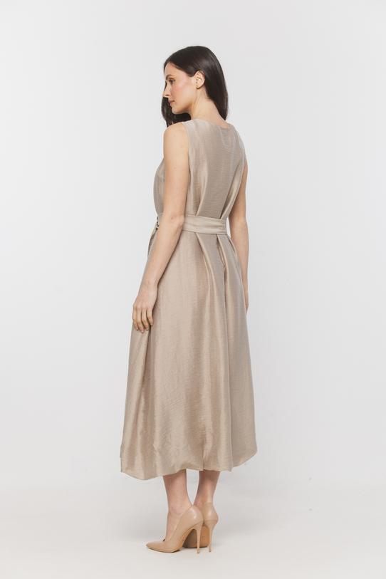 Beżowa sukienka midi z lnem o fasonie bombki - 3