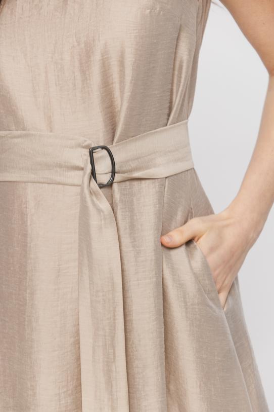 Beżowa sukienka midi z lnem o fasonie bombki - 5