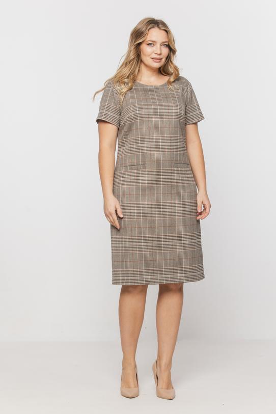 Wizualizacja Beżowa sukienka w kratkę o prostym fasonie