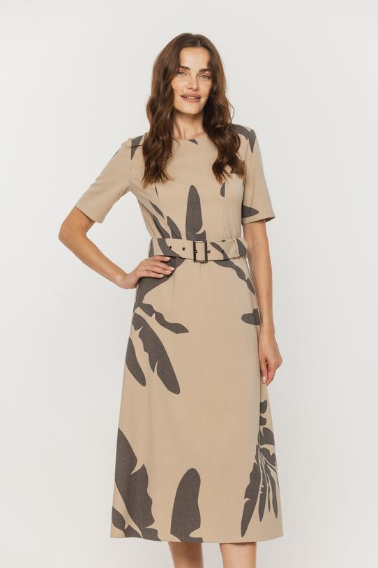 Beżowa sukienka z grafitowym wzorem i paskiem w talii - 2