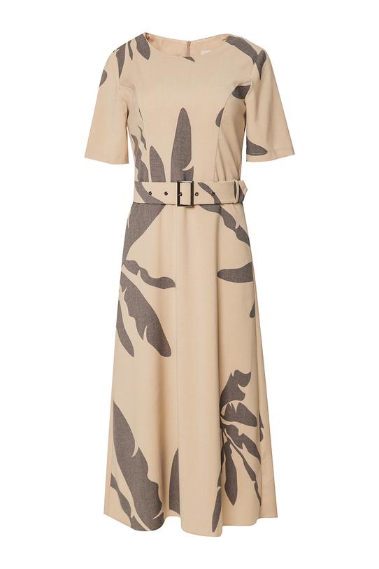 Beżowa sukienka z grafitowym wzorem i paskiem w talii - 1