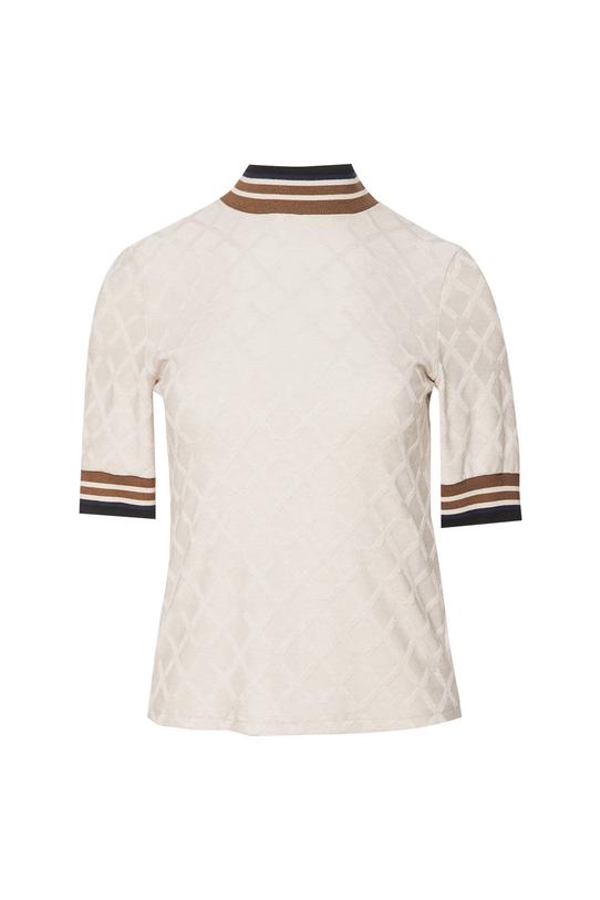 Beżowa sweterkowa bluzka z kontrastowym ściągaczem - 1